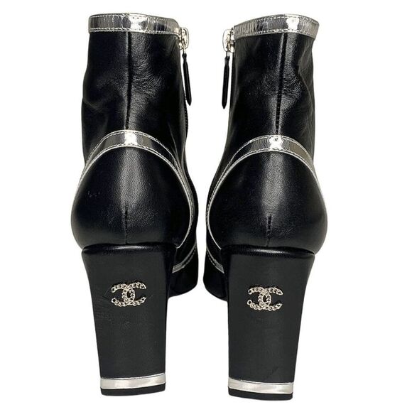 Chanel Interlocking C Black Leather and Grosgrain Ankle Booties EU 37.5 US 6.5-7 - Picture 6 of 10